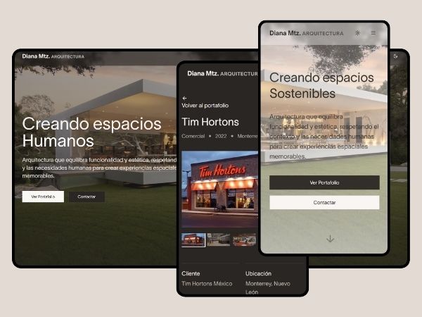 Captura responsive de un flujo movil con pantallas de inicio, portafolio y contacto.